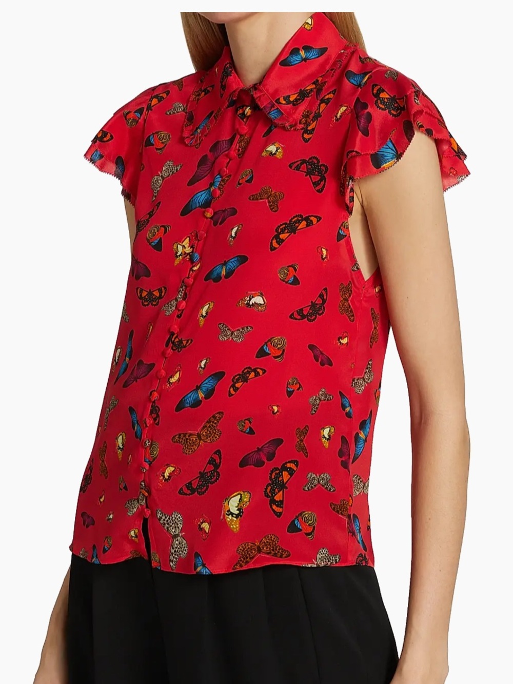 Alice + Olivia Martel Silk Red Butterfly Print Short Sleeve Button Shirt
